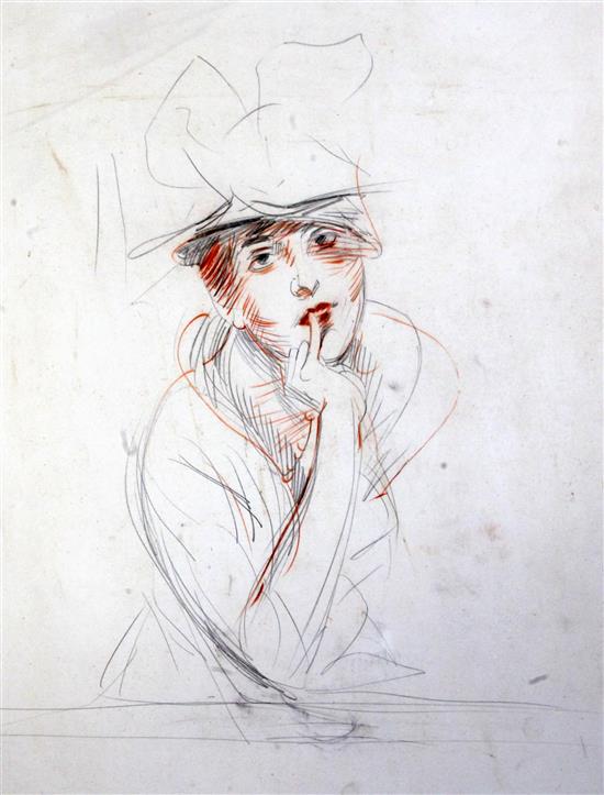 Paul Cesar Helleu (French, 1859-1927) Jeune Femme aux Chapeau (Mlle Kelly), 21.5 x 17.5in.